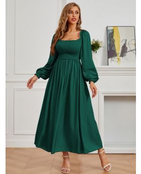 Modely Square Neck Bishop Sleeve Shirred A-line Dress