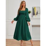 Modely Square Neck Bishop Sleeve Shirred A-line Dress